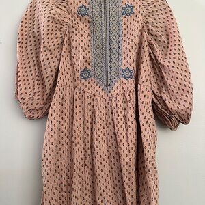 Anthropologie Peach and Blue Embroidered Dress